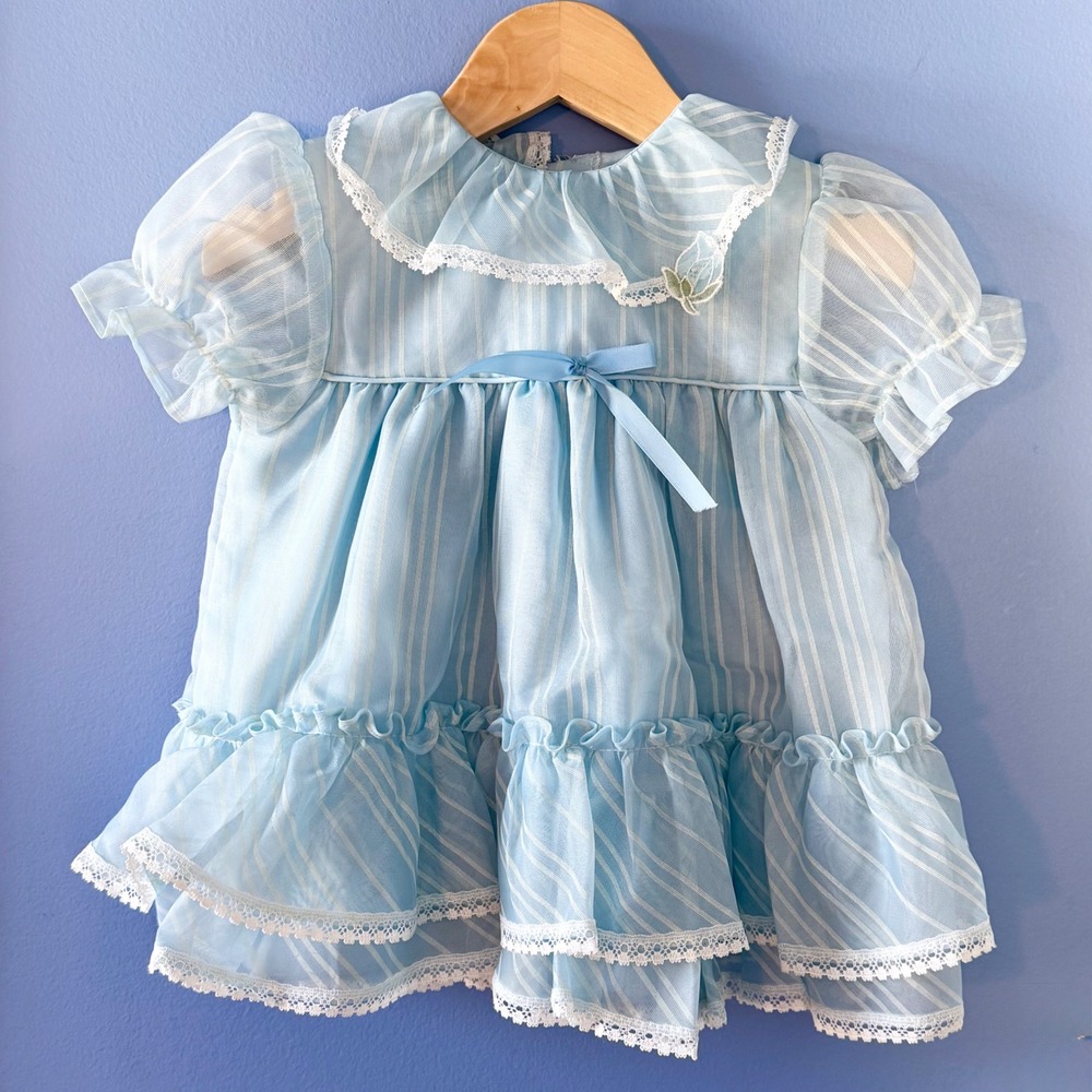 Vintage Baby Girl Blue White Striped Lace Ruffle Dress 18 Months USA Made